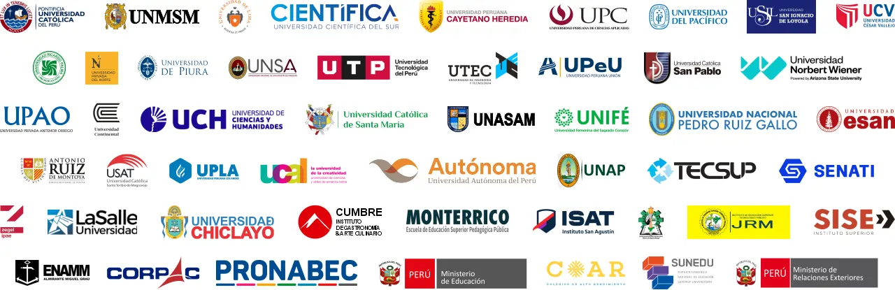 Logos of Peruvian universities (PUCP, San Marcos, Universidad de Lima, UPC) that accept Cambridge, TOEFL, IELTS, and Michigan English certifications.